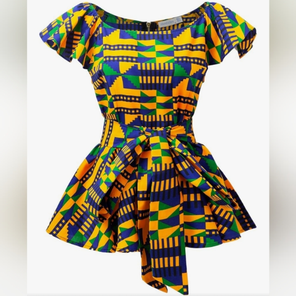 SHENBOLEN Dashiki Flare Ruffle African Wax Cotton Top NWT Sz Small